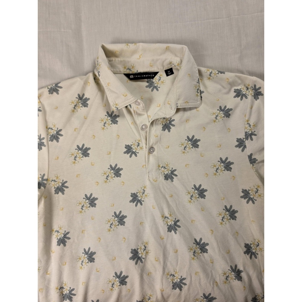 TravisMathew Polo Shirt Mens Medium White Floral Print Golf Casual Tropical
